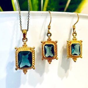 Gold tone and blue stone necklace and earrings set